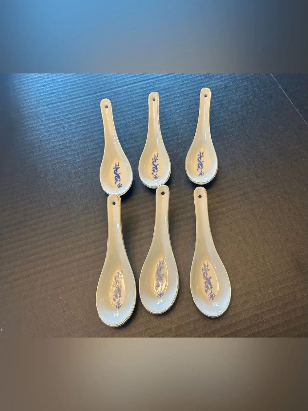 Vintage Chinese Glass Soup Spoons Painted BLUE DRAGON DESIGN Taiwan LOT OF 6 ROC